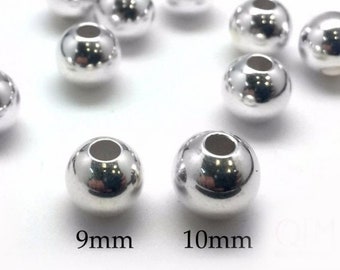 10pcs Sterling Silver 925 Beads 9mm, 10mm - Spacers Beads - Round Seamless Beads for Jewelry - Big Seamless silver beads - Smooth Round Bead