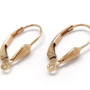 Può includere: Un paio di ganci per orecchini dorati con un design decorativo e rigato. I ganci sono in metallo e hanno una finitura liscia e lucida.