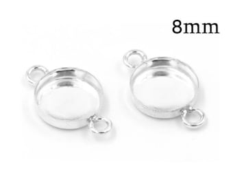 10pcs Sterling Silver Bezel Cup 8mm with 2 loops, Round Setting, JBB Findings , Jewelry Base, cabochon settings 8mm, silver connector