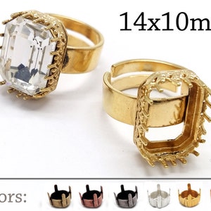 1pc Adjustable Octagon Crown Bezel Ring Settings 14x10mm fit Swarovski 4610 - Brass, Copper, Silver, Gold, Rose gold plated