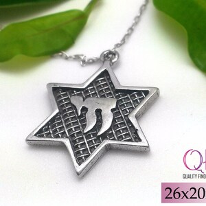 2pcs Magen David - Star of David - Jewish Star - Pendant 26x20mm Sterling Silver 925 Hebrew Letters Meaning &quot;LIFE&quot; Antique Silver Finish