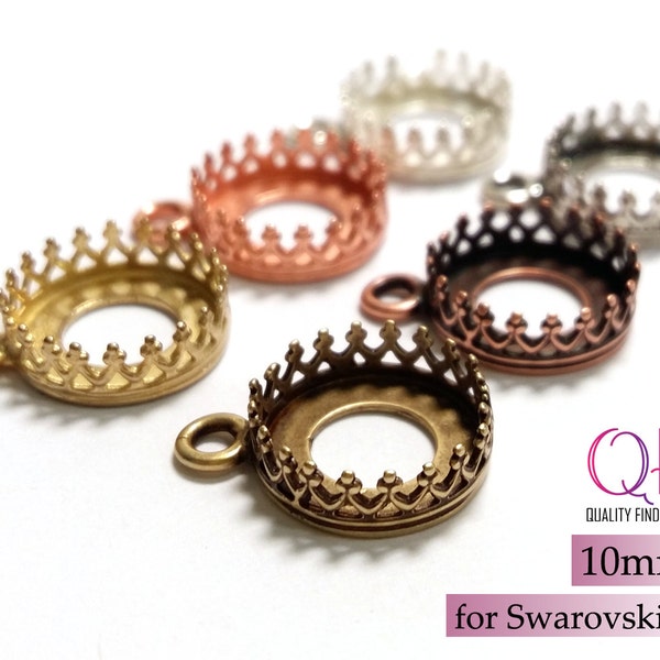 6pcs 10mm Round Crown Bezel Cup Settings Brass 1 loop Antique / Shiny Brass, Copper plated, Silver, Gold plated - Jewelry base JBB Findings