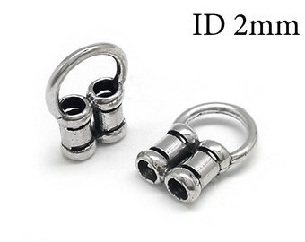 4pcs Sterling Silver 925 Crimp Double End Caps with 1 loop ID 2mm for leather cord, chain , Connector round leather cord, JBB Findings