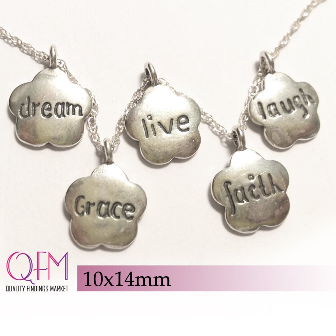 4 Pcs Sterling Silver Inscription Pendant Flower 14x10.5mm