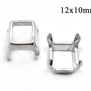 May include: Two silver-toned metal settings for 12x10mm square or rectangular gemstones. The settings have a raised edge and four prongs to hold the stone in place.