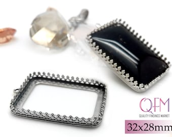 1pc Rectangle Crown Bezel Cup 32x28mm Sterling Silver 925, with 1 loops Shiny or Antique Silver - Jewelry base - Bezel settings