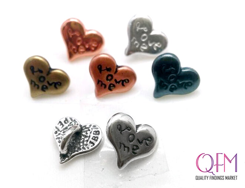 8 pcspk Small Pewter Button Copper Silver Love me Heart shaped with back loop Finish: AntiqueShiny Brass Gold Plated Gun metal