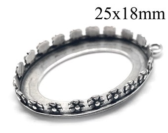 1pcs Sterling Silver 925 Oval Bezel Cup 25x18mm flowers with 1 loop - fits stone 25x18mm, JBB  findings - Pendant Jewelry base
