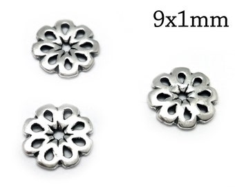 10 pièces en argent sterling 9 x 1 mm, perles rondes en argent sterling 925, perles en argent, capuchon pour perles - Apprêts JBB - Argent antique