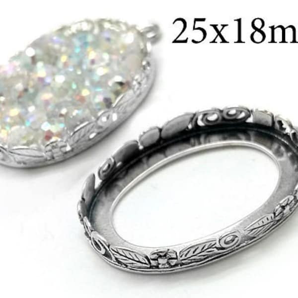 1pc Sterling Silver 925 Oval Bezel Cup 25x18mm, settings with flowers and leaves JBB findings, Jewelry base, cabochon setting