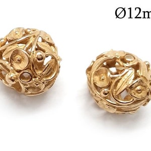 3pcs Brass Round Filigree Beads 12mm with flowers and leaves hole size 0.5mm JBB findings, Brass, Copper, Silver, Gold, Rose Gold plated