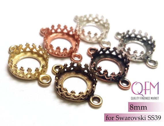 10pcs 8mm Round Bezel Cup Brass with 2 loop Finishes: Antique / Shiny Brass, Copper plated, Silver, Gold plated - Jewelry base JBB Findings