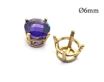 1 pieza de oro macizo de 14 quilates de 6 mm y 0,75 ct, con bisel redondo de 4 puntas, base de piedra de oro amarillo de 14 quilates, canasta redonda de chatón, espacios en blanco