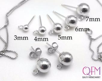 6pcs Sterling Silver 925 Stud Ball Earrings with 2.5mm Open Loop - 3mm, 4mm, 5mm, 6mm, 7mm Silver Earring Component / Earring Backs Included