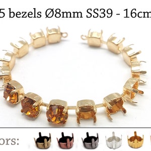 Puede incluir: Biseles de metal dorado con piedras de color ámbar, dispuestos en línea curva. La imagen incluye texto que indica 15 biseles, 8 mm de diámetro y 16 cm de largo. Se muestran opciones de color adicionales.