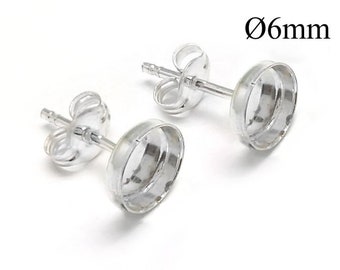 10 pcs Sterling Silver 925 (Stamped) stud earrings round setting 6mm shiny silver - Silver earrings - Earrings bases, Bezel earrings 6mm
