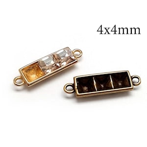 May include: Two rectangular metal jewelry connectors with loops on each end, measuring 4x4mm. One connector features two clear square crystals, while the other is a dark bronze-toned metal frame with three empty square settings for stones.