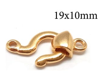 May include: A gold-toned metal jewelry clasp featuring a curved hook design and a small loop on each end. The clasp has a smooth, polished finish and is labeled with the text 19x10mm, indicating its physical dimensions in millimeters.