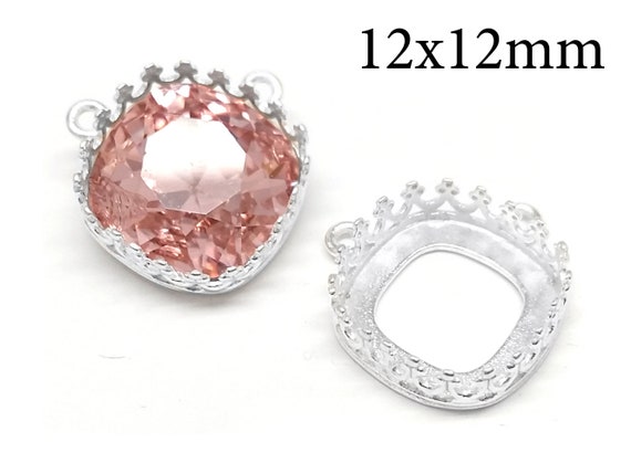 3pcs Sterling Silver 925 Cushion Bezel Cup 12x12mm,2 loops Necklace Bezel Setting 12x12mm, Fits Swarovski 4470 - QFMarket - JBB Findings