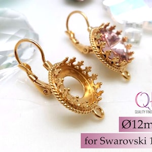 1Pair Round Crown Bezel Earrings Settings 12mm with 1loop gold plated - Lever Back earrings for Swarovski 1122 - Jewelry base JBB Findings