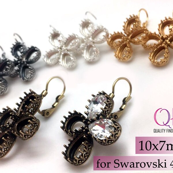 1Pair Bezel Earrings Settings 10x7mm Drop Shape Antique Brass, Gold plated, Silver plated - Lever Back earrings for Swarovski 4320 (956425)
