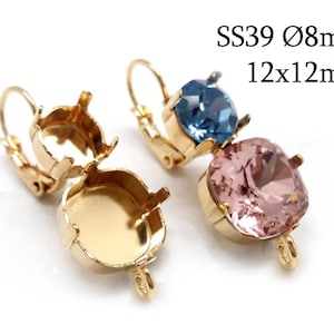 1Pair Cushion Bezel Earring Settings 12x12mm, 8mm Lever Back with open vertical loop fit Swarovski 4470 & SS39, Copper, Silver, Gold plated
