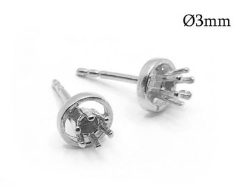 2pairsSterling Silver 925 3mm Round 6-Prong Bezel Stud Earring Mounting Settings, Shiny or Antique silver - JBB Findings, Earring Settings