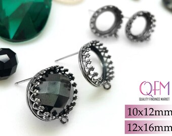 4pcs Sterling Silver 925 Oval Crown Bezel cup stud earrings with loop Shiny & antique silver, Size: 10x12mm, 12x16mm (2pairs) - JBB Findings
