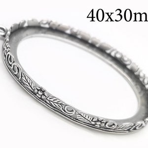 1pc Sterling Silver 925 Oval Bezel Cup 40x30mm, settings with flowers and leaves JBB findings - Cabochon bezel settings - Jewelry base