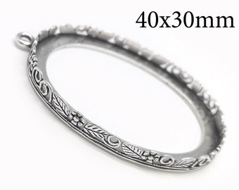 1pc Sterling Silver 925 Oval Bezel Cup 40x30mm, settings with flowers and leaves JBB findings - Cabochon bezel settings - Jewelry base