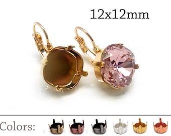 3Pairs Cushion Bezel Earring Settings 12x12mm - Lever Back fit Swarovski 4470 - Jewelry Base - Brass, Copper, Silver, Gold, Rose gold plated