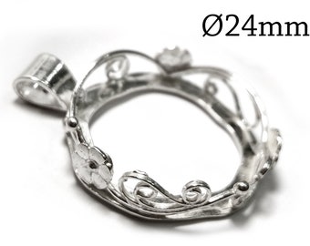 1pc Sterling Silver 925 Bezel cup 24mm one loop with flowers- Jewelry base - Bezel settings for big stones - pendant base - JBB Findings