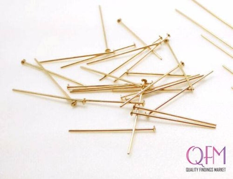 50pcs 14K Gold Filled Head Pins, Flat Head 12mm, 25mm, 37mm, 50mm Nail Headpin 0.5mm / 24 Gauge, Gold Filled Jewelry Supplies image 2