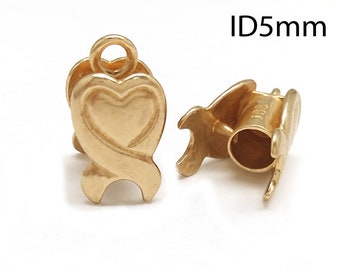 2pcs Brass Hidden Crimp Ends Caps Hearts ID 5mm with 1 loop, Cord Ends Caps, Jewelry Fastener - Copper, Brass, Silver, Gold, JBB Findings