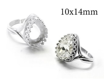 Justerbar droppformad ring i sterlingsilver 925 med bezel, 14 x 10 mm - Ringinfattningar för sten, Ringämne, 1 st.