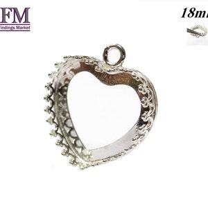 2pcs Sterling Silver 925 Bezel Cup 18mm one loop heart shape Shiny and Antique Silver, Jewelry base, Bezel Cabochon setting Vermeil image 1