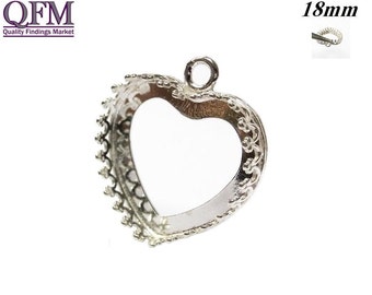 2pcs Sterling Silver 925 Bezel Cup 18mm one loop heart shape Shiny and Antique Silver, Jewelry base, Bezel Cabochon setting Vermeil