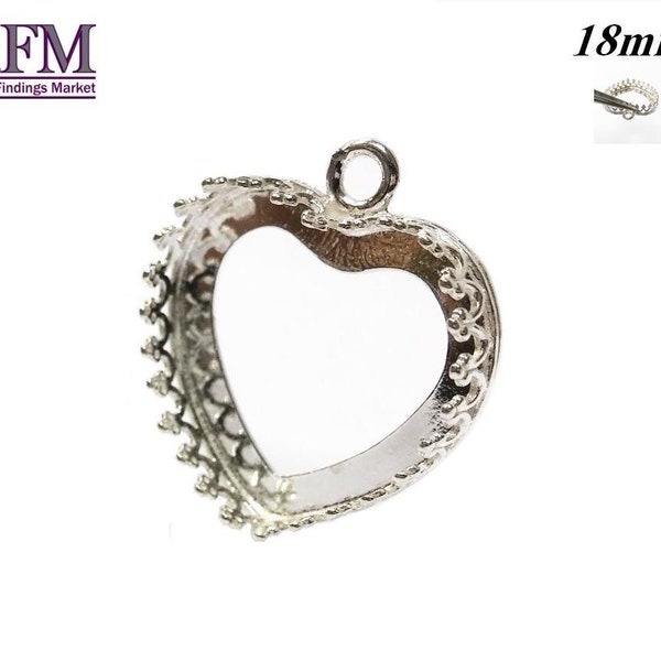 2pcs Sterling Silver 925 Bezel Cup 18mm one loop heart shape Shiny and Antique Silver, Jewelry base, Bezel Cabochon setting Vermeil