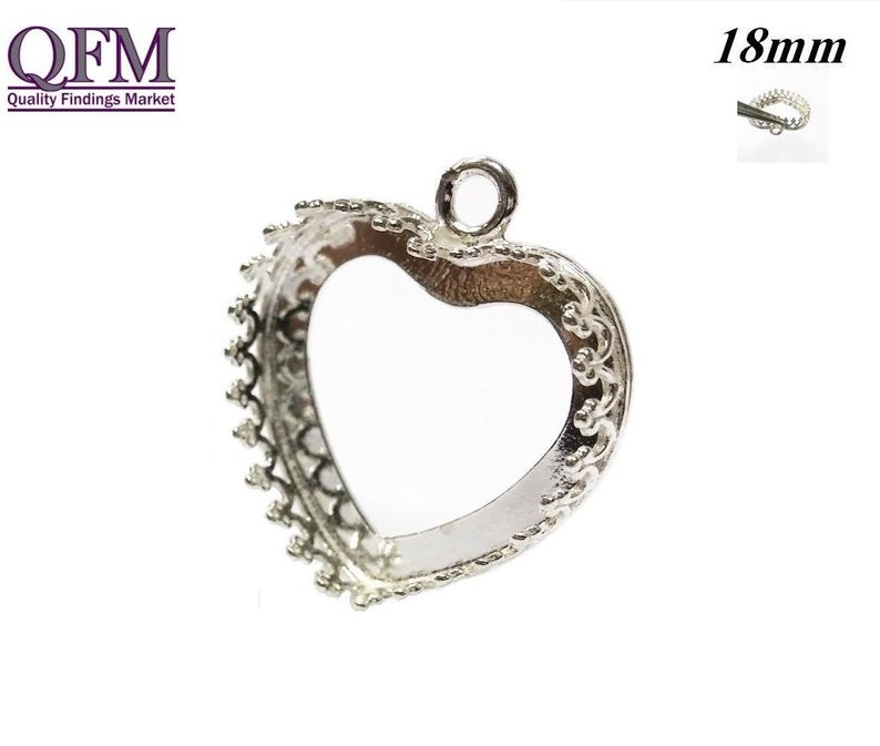 2pcs Sterling Silver 925 Bezel Cup 18mm one loop heart shape Shiny and Antique Silver, Jewelry base, Bezel Cabochon setting Vermeil image 1