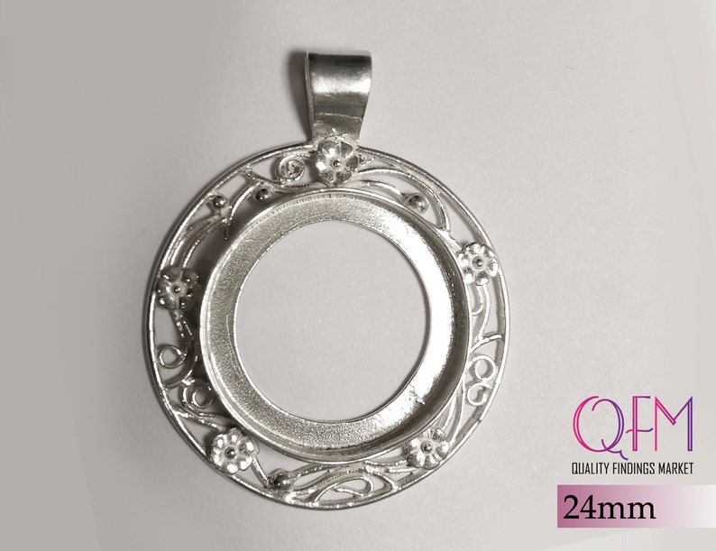 1pc Sterling Silver 925 Bezel cup 24mm flowers Jewelry base Bezel settings for big stones pendant base JBB Findings Cabochon setting image 5