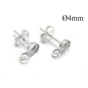10pcs Sterling Silver 925 Round Bezel Earring post settings 4mm with loop, stud earrings for cabochon, Earring base, Bezel settings, JBB