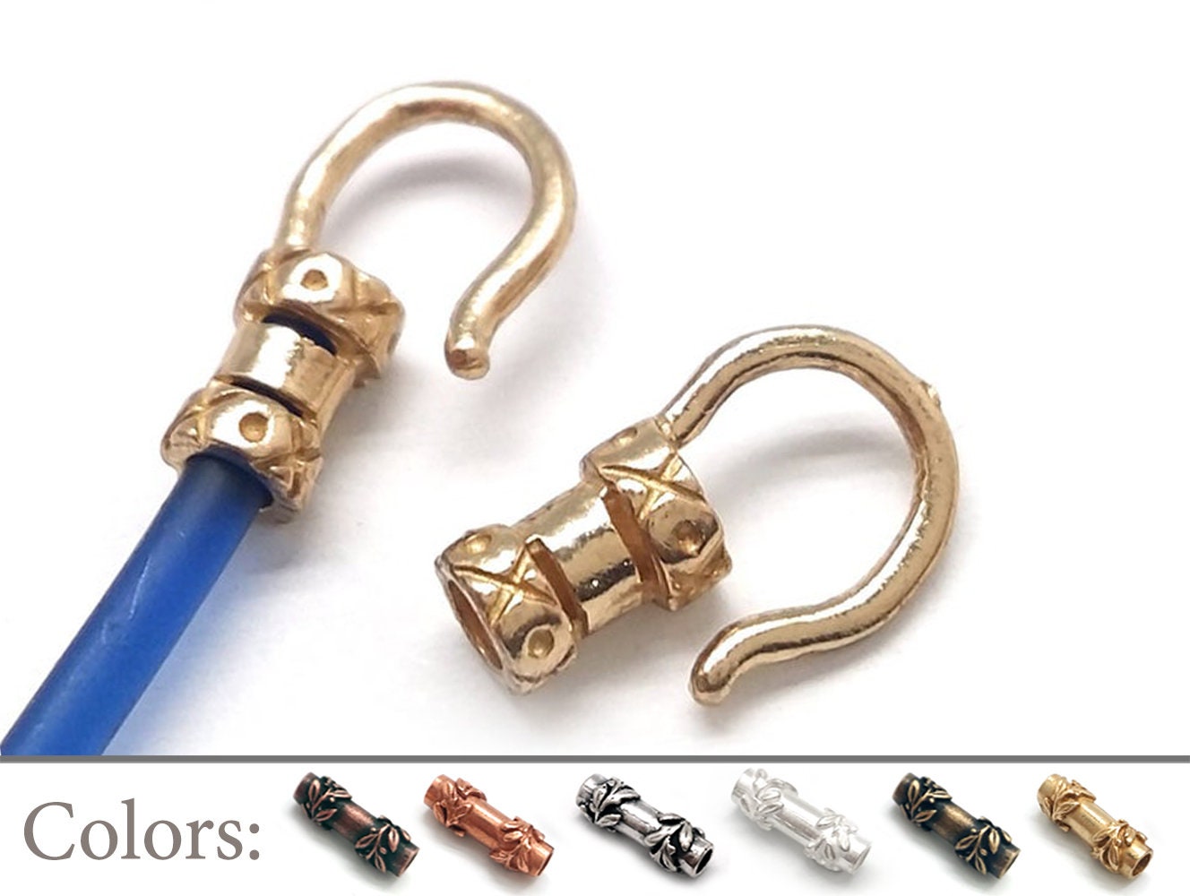 10pcs Brass Hook Crimp End Caps, inside diameter of 1mm, 2mm, 2.2mm, 2.8mm, 3.3mm, 4mm - Leather Clasp, Cord Ends Caps