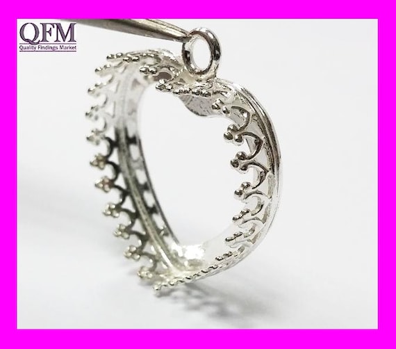 JBB Stone Setting Pendant 2 pcs Sterling Silver 925 Bezel Cup Pendant with 1 loop Shiny or Antique Silver Spiral Pendant with Bezel Cup
