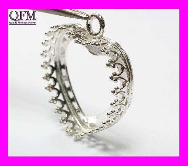 2pcs Sterling Silver 925 Bezel Cup 18mm one loop heart shape Shiny and Antique Silver, Jewelry base, Bezel Cabochon setting Vermeil image 2