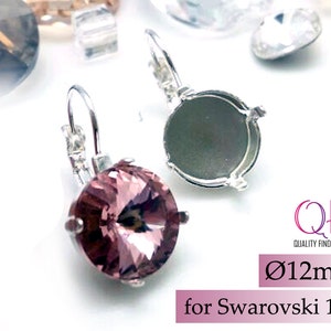 May include: Silver earring settings for 12mm round Swarovski crystals. The settings are designed to fit Swarovski 1122 crystals.  The settings are shown with a light pink crystal.