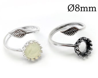 1pc Sterling Silver 925 Adjustable Crown Ring, Bezel Cup 8mm Setting Ring, Silver Leaf Ring, Cabochon Setting Ring, JBB Findings,  Leaf Ring