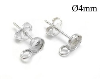 10pcs Sterling Silver 925 Round Bezel Earring post settings 4mm with loop, stud earrings for cabochon, Earring base, Bezel settings, JBB