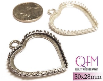1pcs Sterling Silver 925 Bezel Cup 30x28mm one loop heart shape available in Shiny and Antique Silver - Jewelry base - Bezel settings
