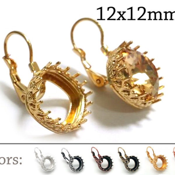 1pair Cushion Bezel Earring Setting 12x12mm - LeverBack base for Swarovski 4470- JBB Findings, Brass, Copper, Silver, Gold, Rose gold plated