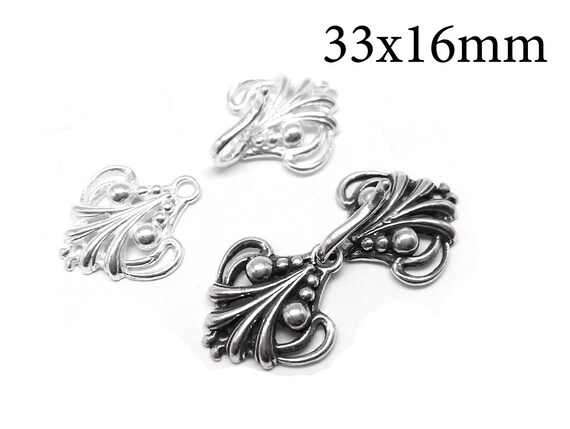 1set Sterling Silver 925 Hook and Eye Clasp 33x16mm, Tracery Hook and Eye, Jewelry Fastener - Antique, Shiny Silver, JBB Finding - QFMarket